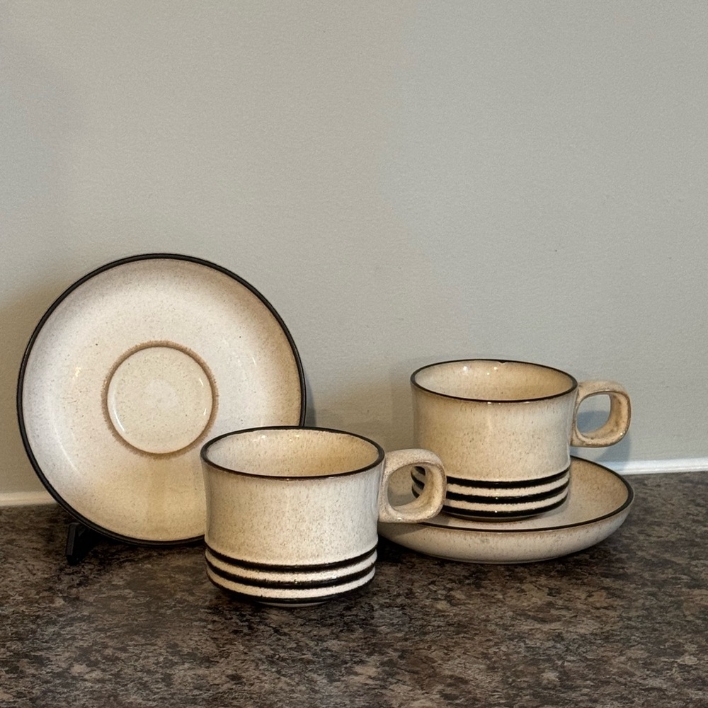 Denby Cream and Brown Striped Cup and Saucer Set of 2
